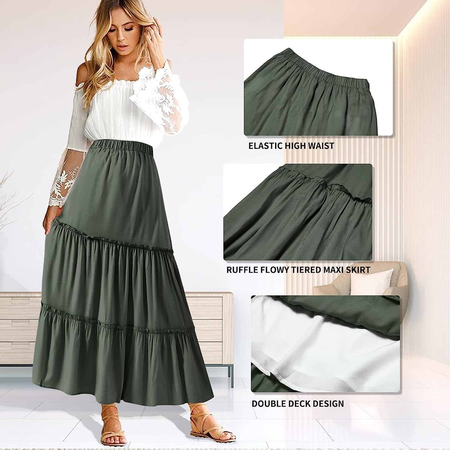 BOMAROLAN Women's Boho Maxi Skirts Summer A Line Long Skirts Ruffle Swing Beach Skirts for Women - Image 6